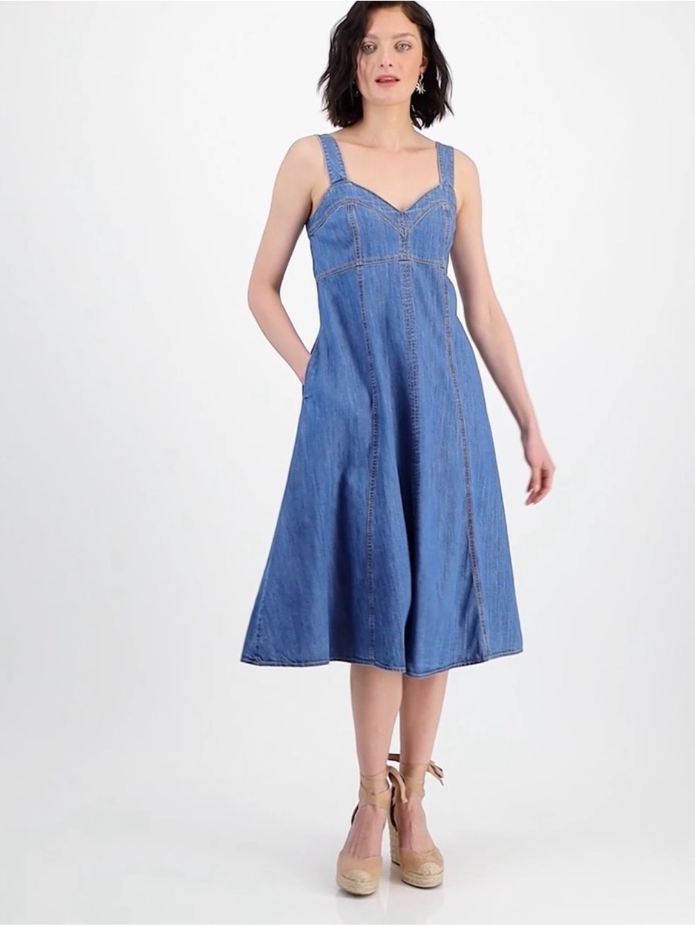 Denim Midi Dress with Sweetheart Neckline in Blue